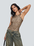 front view of model wearing Princess Polly Serenata Bodysuit Leopard Sleeveless High Neck 