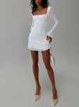 front view of model wearing Princess Polly Lanchester Long Sleeve Mini Dress White Square Neck 