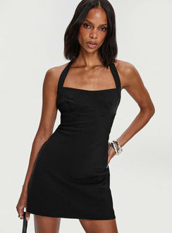 front view of model wearing Princess Polly Cabaret Halter Mini Dress Black Square Neck 