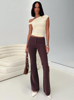 front view of model wearing Princess Polly Sportia Flare Pants Brown High Waisted Pants 