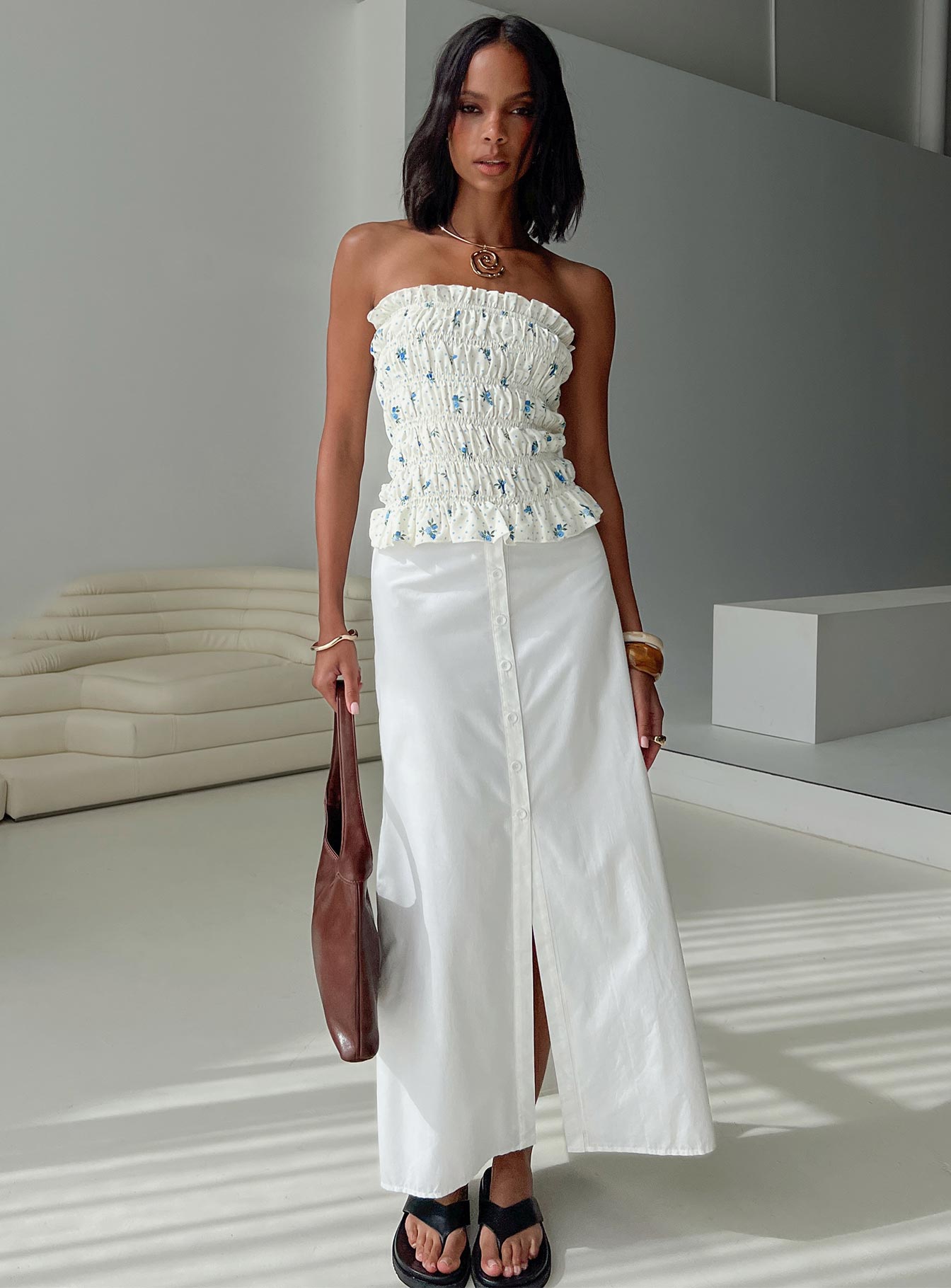   front view of model wearing Princess Polly Jasmira Maxi Skirt White Maxi 
