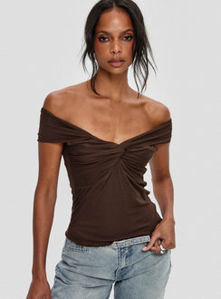 back view of model wearing Princess Polly Suspiria Twist Off Shoulder Top Chocolate Short Sleeves V-Neck 