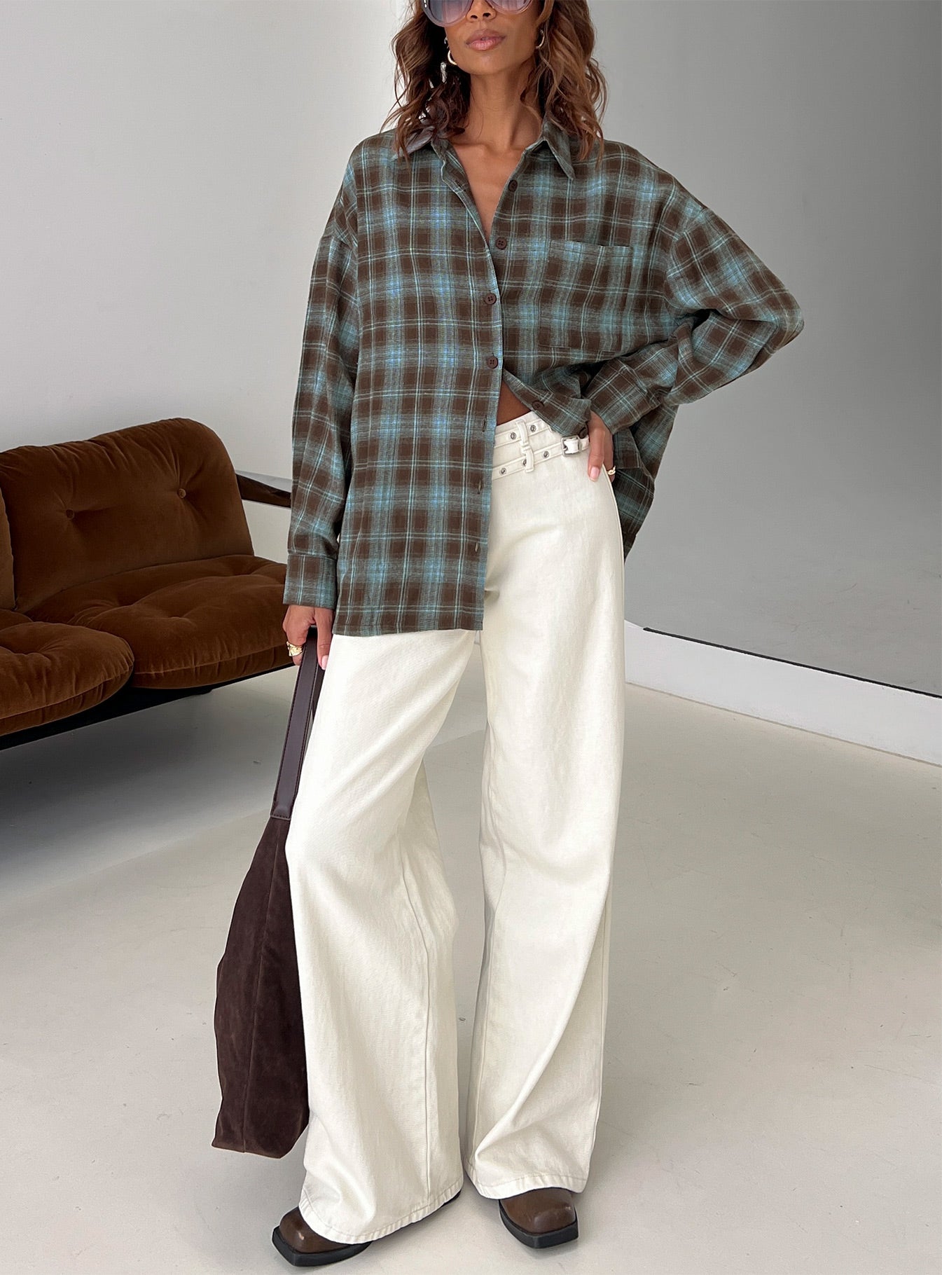 Perlita Long Sleeve Collared Shirt Brown Check