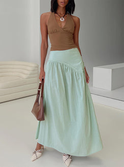   front view of model wearing Princess Polly Yasemine Maxi Skirt Green / White Maxi 