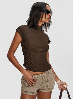 side view of model wearing Princess Polly Make A Plan Top Brown Short Sleeves High Neck 