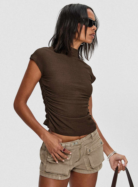 side view of model wearing Princess Polly Make A Plan Top Brown Short Sleeves High Neck 