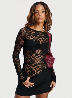 side view of model wearing Princess Polly Anjolene Lace Wrap Bust Bodysuit Black Long Sleeve Tops 