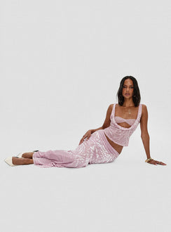 back view of model wearing Princess Polly Kalei Maxi Skirt Pink Floral Maxi 