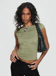 front view of model wearing Princess Polly Musia Cowl Neck Top Green Sleeveless Asymmetric Neckline 