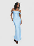 back view of model wearing Princess Polly Azura Off The Shoulder Maxi Dress Blue Straight Neck 