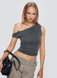 front view of model wearing Princess Polly Danette One Shoulder Top Slate Sleeveless Asymmetric Neckline 