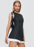 side view of model wearing Princess Polly Players Pleat Mini Dress Charcoal Crew Neck 