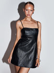 side view of model wearing Princess Polly Isak Woven Faux Leather Mini Dress Black Square Neck 