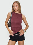 front view of model wearing Princess Polly Azera Cupro Top Burgundy Sleeveless Crew Neck 