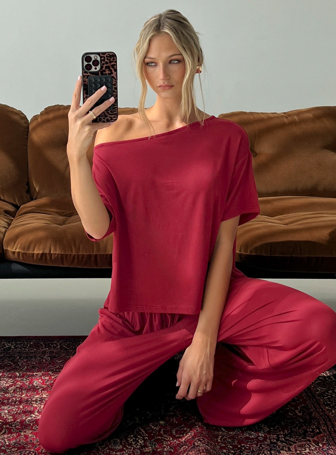 Cozy Hour Sleep Relaxed Off Shoulder Top Red