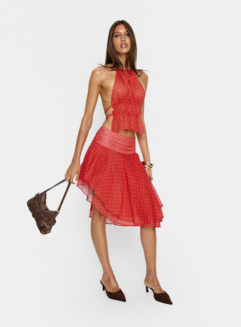   front view of model wearing Princess Polly Legacy Midi Skirt Tomato Polka 