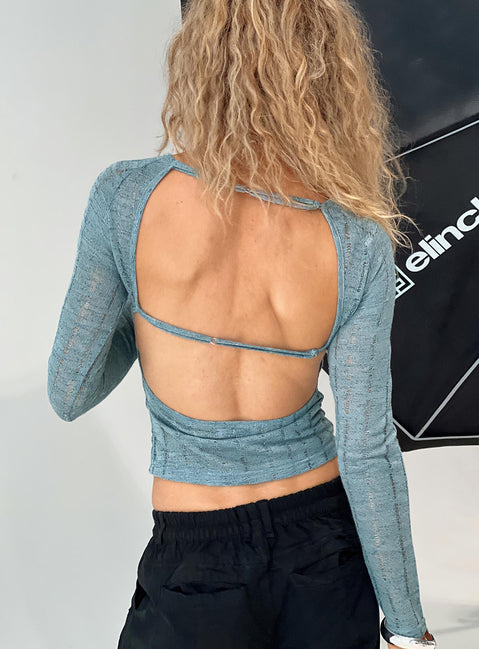 back view of model wearing Princess Polly Oriton Long Sleeve Top Blue Full Sleeves Crew Neck 