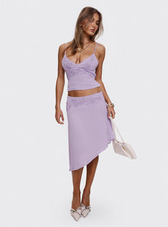   side view of model wearing Princess Polly Pappilion Asymmetrical Skirt Lilac 