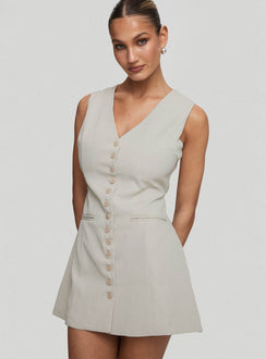 side view of model wearing Princess Polly Katja Mini Dress Oyster V-Neck 