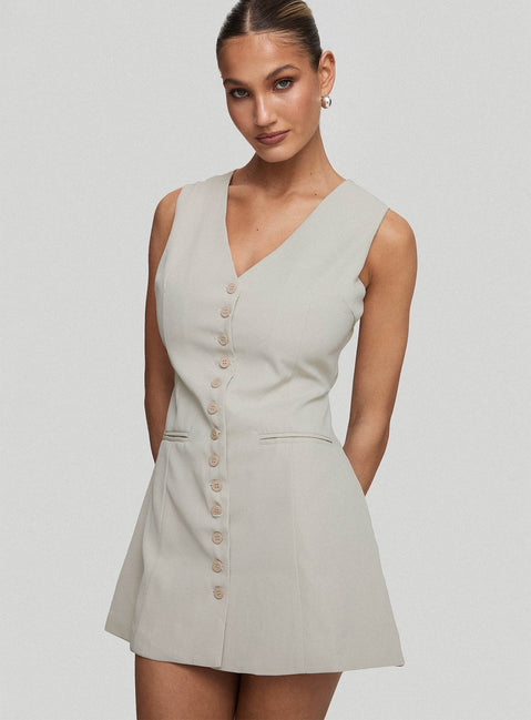 side view of model wearing Princess Polly Katja Mini Dress Oyster V-Neck 