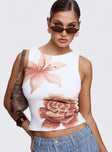 front view of model wearing Princess Polly Pegasus Boat Neck Top White Floral Sleeveless Crew Neck 