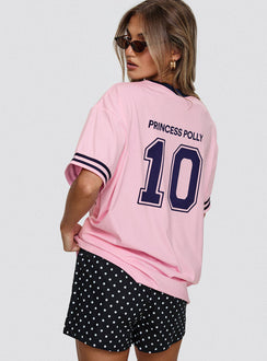 back view of model wearing Princess Polly Cornwall Football Jersey Pink Half Sleeves Crew Neck 