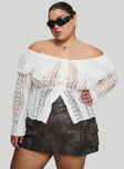 front view of model wearing Princess Polly Lisbeth Off The Shoulder Top White Curve Full Sleeves straight 