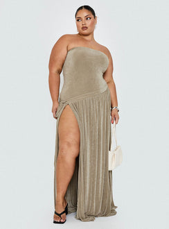 side view of model wearing Princess Polly Inka Strapless Maxi Dress Taupe Curve Straight Neck 