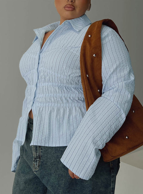 side view of model wearing Princess Polly Liesel Shirred Long Sleeve Top Stripe Curve Full Sleeves V-Neck 