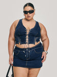 front view of model wearing Princess Polly Edenette Top Mid Blue Wash Curve Sleeveless Plunger 