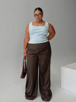 front view of model wearing Princess Polly Cedars Low Rise Pant Brown Stripe Curve Low Rise Pants 