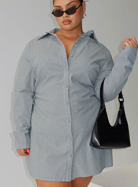 front view of model wearing Princess Polly Publicity Long Sleeve Mini Dress Blue Pinstripe Curve V-Neck 