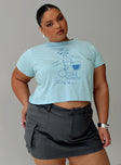 front view of model wearing Princess Polly Cheers To You Tee Blue Curve Short Sleeves Crew Neck 