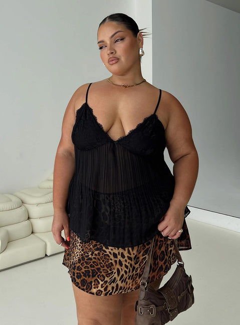 side view of model wearing Princess Polly Zami Pleat Top Black Curve Sleeveless Plunger 