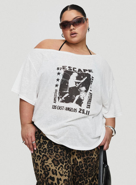 back view of model wearing Princess Polly Kippa Off The Shoulder Tee White Curve Half Sleeves Asymmetric Neckline 