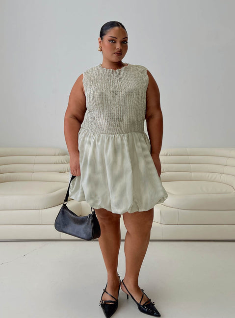 side view of model wearing Princess Polly Narnie Mini Dress Sage Curve Crew Neck 