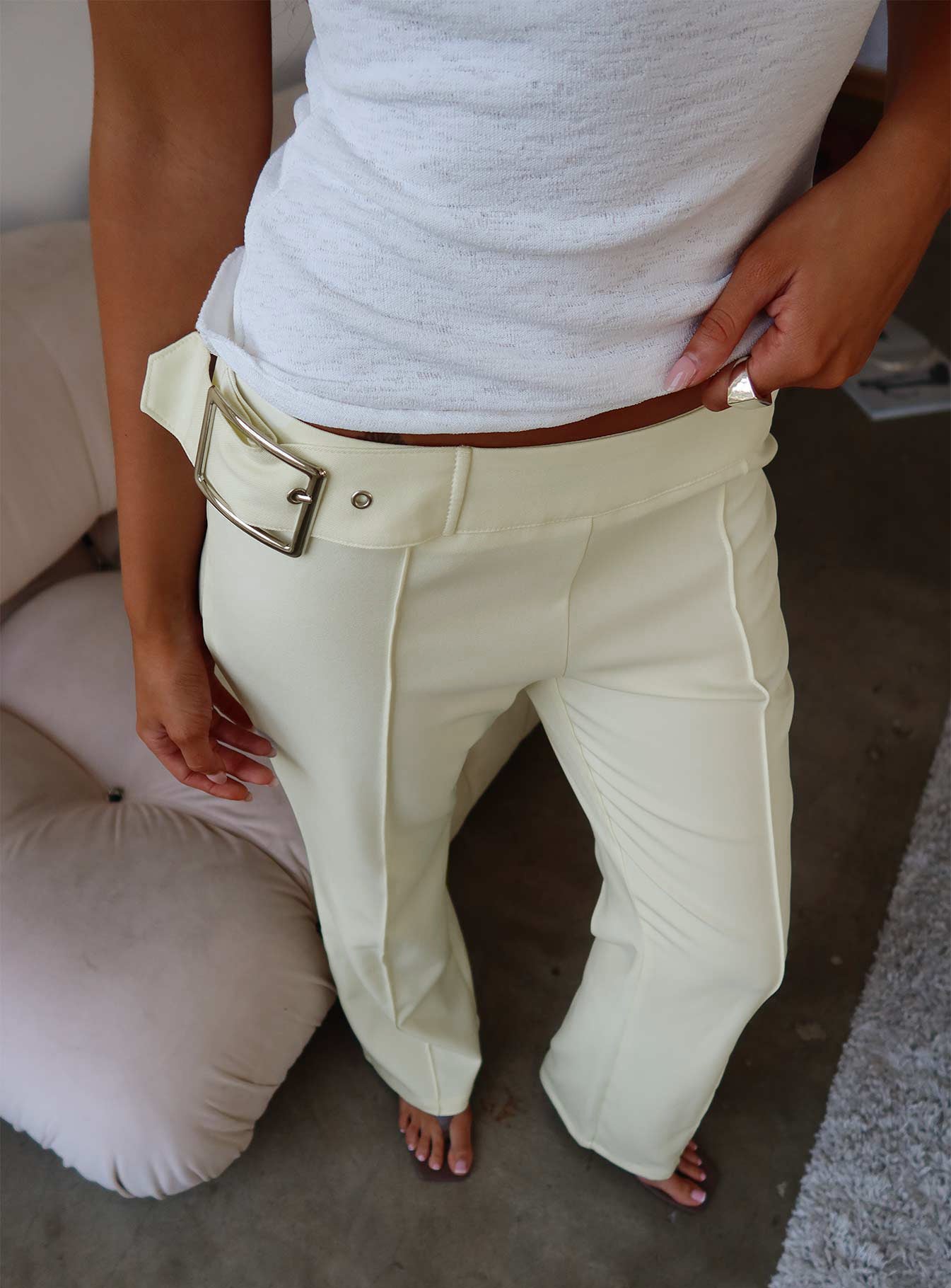 front view of model wearing Princess Polly Alyanna Hardware Pants Cream 