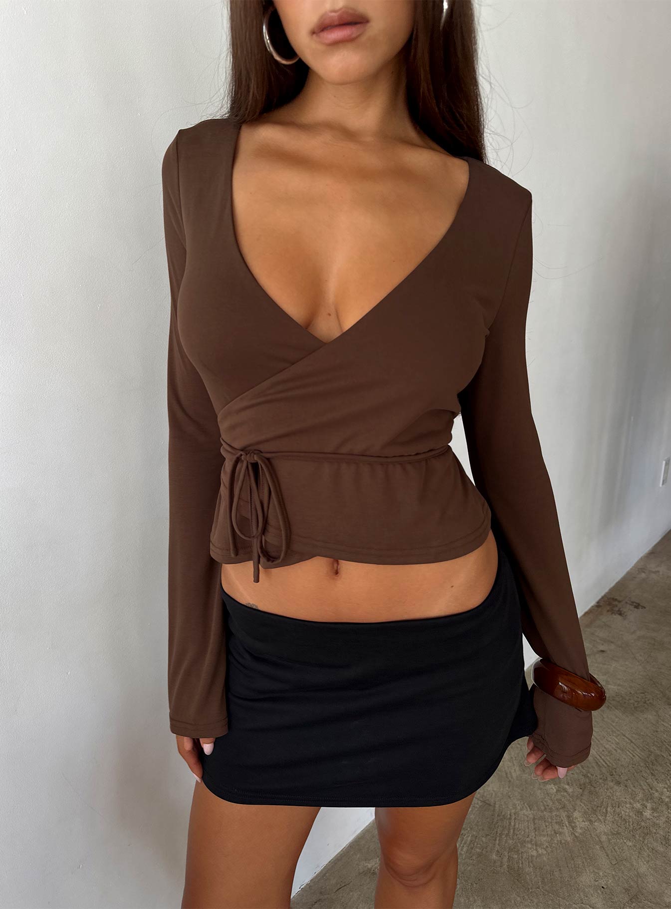 Stefanee Long Sleeve Wrap Top Brown