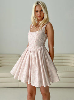 side view of model wearing Princess Polly Bridgitte Corset Mini Dress Floral Square Neck 