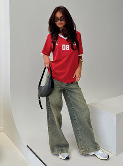 back view of model wearing Princess Polly Spectate Top Red Short Sleeves V-Neck 