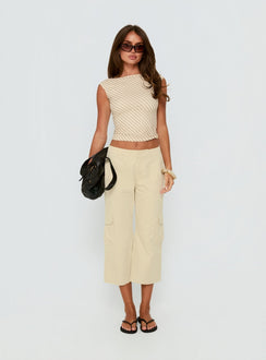 front view of model wearing Princess Polly Indee Cropped Cargo Pants Beige Mid Rise Pants Pants 