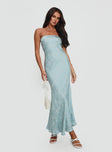 front view of model wearing Princess Polly Salvin Strapless Maxi Dress Blue Straight Neck 