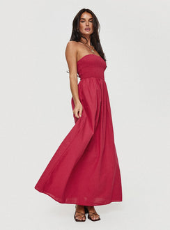 side view of model wearing Princess Polly Dayona Strapless Maxi Dress Red Straight Neck 