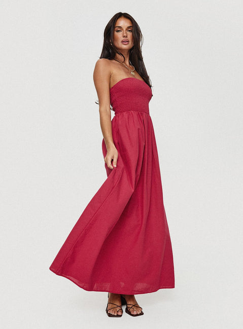 side view of model wearing Princess Polly Dayona Strapless Maxi Dress Red Straight Neck 