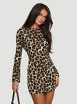 front view of model wearing Princess Polly Carnal Mini Dress Leopard Boat Neck 