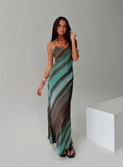 side view of model wearing Princess Polly Otillie Maxi Dress Blue Multi Plunger 