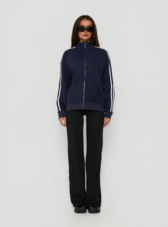 Featuring the Keeran Funnel Neck Fleece Jumper Navy / White womens jumpers in short length front view of model wearing Princess Polly