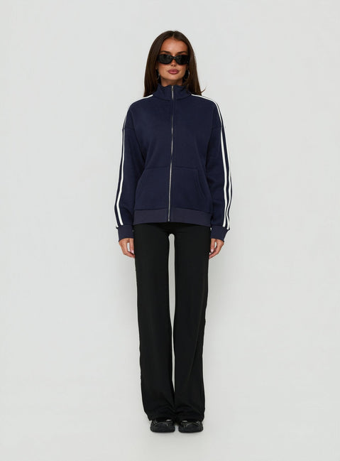 Featuring the Keeran Funnel Neck Fleece Jumper Navy / White womens jumpers in short length front view of model wearing Princess Polly