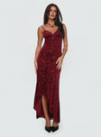 front view of model wearing Princess Polly Rumours Slippy Burnout Maxi Dress Burgundy Sweetheart Neckline 