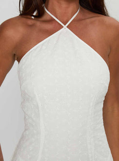 back view of model wearing Princess Polly Flowerchild Halter Mini Dress White Asymmetric Neckline 